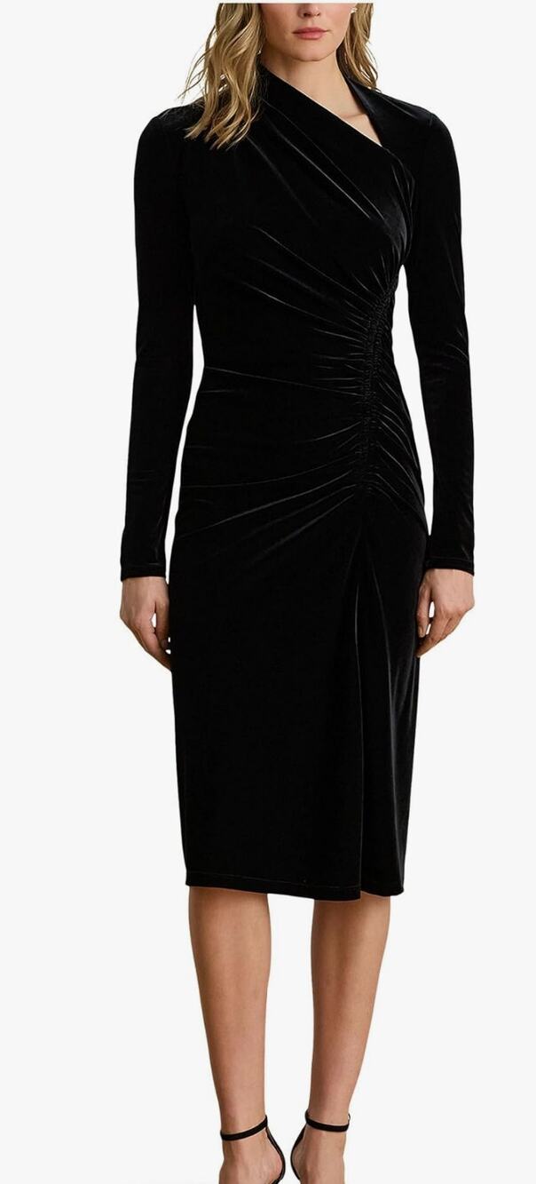 Lauren Ralph Lauren Cowl Neck Velvet Wiggle Dress Asymmetrical Rouching Size 10